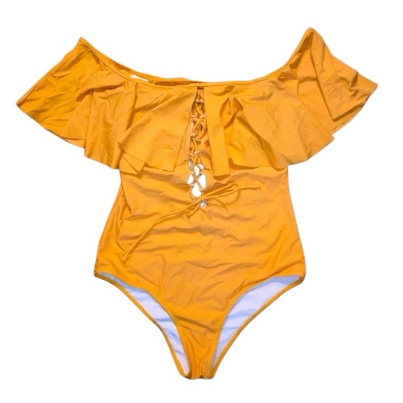 Women's Yellow Off Shoulder Ruffle One Piece Swimsuit Bodysuit Size XXL - Picture 2 of 12